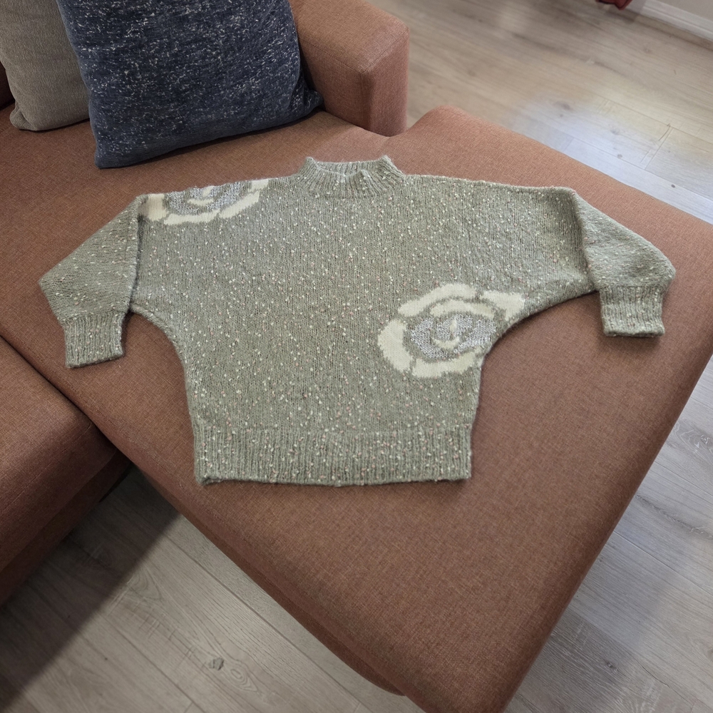 Sofia Vtg French Hand Knitted Wool Blend Chunky Knit Tapered Green Sweater Small